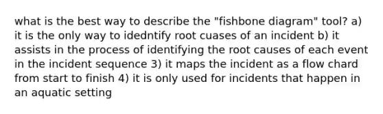 what is the best way to describe the "fishbone diagram" tool? a) it is the only way to idedntify root cuases of an incident b) it assists in the process of identifying the root causes of each event in the incident sequence 3) it maps the incident as a flow chard from start to finish 4) it is only used for incidents that happen in an aquatic setting