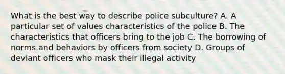 What is the best way to describe police subculture? A. A particular set of values characteristics of the police B. The characteristics that officers bring to the job C. The borrowing of norms and behaviors by officers from society D. Groups of deviant officers who mask their illegal activity