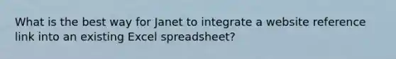 What is the best way for Janet to integrate a website reference link into an existing Excel spreadsheet?