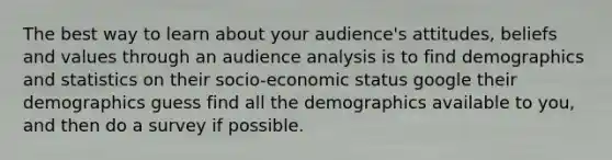 The best way to learn about your audience's attitudes, beliefs and values through an audience analysis is to find demographics and statistics on their socio-economic status google their demographics guess find all the demographics available to you, and then do a survey if possible.