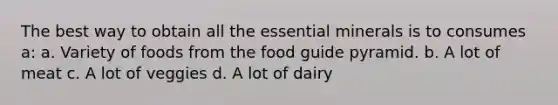 The best way to obtain all the essential minerals is to consumes a: a. Variety of foods from the food guide pyramid. b. A lot of meat c. A lot of veggies d. A lot of dairy