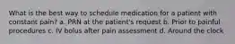 What is the best way to schedule medication for a patient with constant pain? a. PRN at the patient's request b. Prior to painful procedures c. IV bolus after pain assessment d. Around the clock