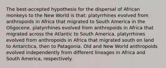 The best-accepted hypothesis for the dispersal of African monkeys to the New World is that: platyrrhines evolved from anthropoids in Africa that migrated to South America in the Oligocene. platyrrhines evolved from anthropoids in Africa that migrated across the Atlantic to South America. platyrrhines evolved from anthropoids in Africa that migrated south on land to Antarctica, then to Patagonia. Old and New World anthropoids evolved independently from different lineages in Africa and South America, respectively.