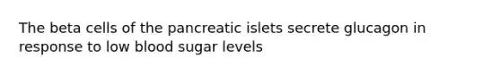 The beta cells of the pancreatic islets secrete glucagon in response to low blood sugar levels