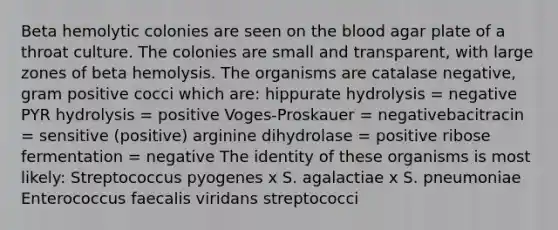 Beta hemolytic colonies are seen on the blood agar plate of a throat culture. The colonies are small and transparent, with large zones of beta hemolysis. The organisms are catalase negative, gram positive cocci which are: hippurate hydrolysis = negative PYR hydrolysis = positive Voges-Proskauer = negativebacitracin = sensitive (positive) arginine dihydrolase = positive ribose fermentation = negative The identity of these organisms is most likely: Streptococcus pyogenes x S. agalactiae x S. pneumoniae Enterococcus faecalis viridans streptococci