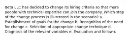 Beta LLC has decided to change its hiring criteria so that more people with technical expertise can join the company. Which step of the change process is illustrated in the scenario? a. Establishment of goals for the change b. Recognition of the need for change c. Selection of appropriate change technique d. Diagnosis of the relevant variables e. Evaluation and follow-u