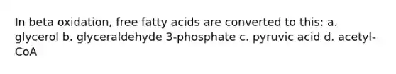 In beta oxidation, free fatty acids are converted to this: a. glycerol b. glyceraldehyde 3-phosphate c. pyruvic acid d. acetyl-CoA