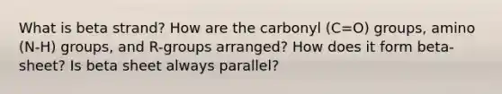 What is beta strand? How are the carbonyl (C=O) groups, amino (N-H) groups, and R-groups arranged? How does it form beta-sheet? Is beta sheet always parallel?