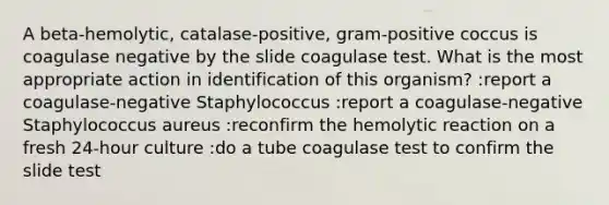 A beta-hemolytic, catalase-positive, gram-positive coccus is coagulase negative by the slide coagulase test. What is the most appropriate action in identification of this organism? :report a coagulase-negative Staphylococcus :report a coagulase-negative Staphylococcus aureus :reconfirm the hemolytic reaction on a fresh 24-hour culture :do a tube coagulase test to confirm the slide test