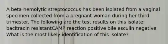 A beta-hemolytic streptococcus has been isolated from a vaginal specimen collected from a pregnant woman during her third trimester. The following are the test results on this isolate: bacitracin resistantCAMP reaction positive bile esculin negative What is the most likely identification of this isolate?