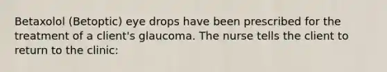 Betaxolol (Betoptic) eye drops have been prescribed for the treatment of a client's glaucoma. The nurse tells the client to return to the clinic: