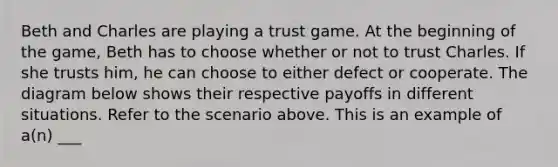 Beth and Charles are playing a trust game. At the beginning of the game, Beth has to choose whether or not to trust Charles. If she trusts him, he can choose to either defect or cooperate. The diagram below shows their respective payoffs in different situations. Refer to the scenario above. This is an example of a(n) ___