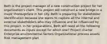 Beth is the project manager of a new construction project for her organization's client. This project will construct a new bridge in a major thoroughfare in her city. Beth is preparing for stakeholder identification because she wants to capture all the internal and external stakeholders who may influence and be influenced by this project. In her preparations, Beth will need all the following documents as inputs except for which one? Project charter Enterprise environmental factors Organizational process assets Risk management plan