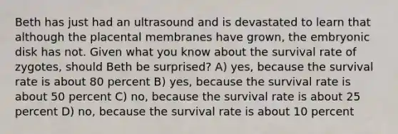 Beth has just had an ultrasound and is devastated to learn that although the placental membranes have grown, the embryonic disk has not. Given what you know about the survival rate of zygotes, should Beth be surprised? A) yes, because the survival rate is about 80 percent B) yes, because the survival rate is about 50 percent C) no, because the survival rate is about 25 percent D) no, because the survival rate is about 10 percent