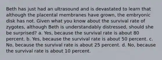 Beth has just had an ultrasound and is devastated to learn that although the placental membranes have grown, the embryonic disk has not. Given what you know about the survival rate of zygotes, although Beth is understandably distressed, should she be surprised? a. Yes, because the survival rate is about 80 percent. b. Yes, because the survival rate is about 50 percent. c. No, because the survival rate is about 25 percent. d. No, because the survival rate is about 10 percent.