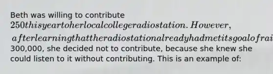 Beth was willing to contribute 250 this year to her local college radio station. However, after learning that the radio station already had met its goal of raising300,000, she decided not to contribute, because she knew she could listen to it without contributing. This is an example of: