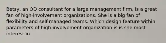 Betsy, an OD consultant for a large management firm, is a great fan of high-involvement organizations. She is a big fan of flexibility and self-managed teams. Which design feature within parameters of high-involvement organization is is she most interest in