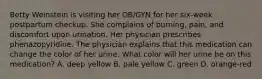 Betty Weinstein is visiting her OB/GYN for her six-week postpartum checkup. She complains of burning, pain, and discomfort upon urination. Her physician prescribes phenazopyridine. The physician explains that this medication can change the color of her urine. What color will her urine be on this medication? A. deep yellow B. pale yellow C. green D. orange-red