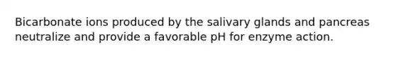 Bicarbonate ions produced by the salivary glands and pancreas neutralize and provide a favorable pH for enzyme action.