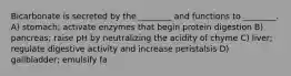 Bicarbonate is secreted by the ________ and functions to ________. A) stomach; activate enzymes that begin protein digestion B) pancreas; raise pH by neutralizing the acidity of chyme C) liver; regulate digestive activity and increase peristalsis D) gallbladder; emulsify fa
