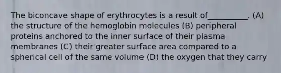 The biconcave shape of erythrocytes is a result of__________. (A) the structure of the hemoglobin molecules (B) peripheral proteins anchored to the inner surface of their plasma membranes (C) their greater surface area compared to a spherical cell of the same volume (D) the oxygen that they carry