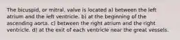 The bicuspid, or mitral, valve is located a) between the left atrium and the left ventricle. b) at the beginning of the ascending aorta. c) between the right atrium and the right ventricle. d) at the exit of each ventricle near the great vessels.