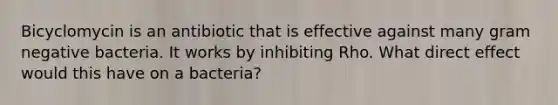 Bicyclomycin is an antibiotic that is effective against many gram negative bacteria. It works by inhibiting Rho. What direct effect would this have on a bacteria?