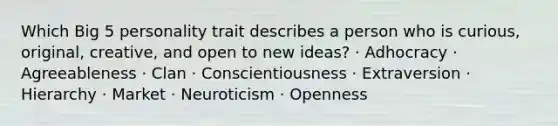 Which Big 5 personality trait describes a person who is curious, original, creative, and open to new ideas? · Adhocracy · Agreeableness · Clan · Conscientiousness · Extraversion · Hierarchy · Market · Neuroticism · Openness