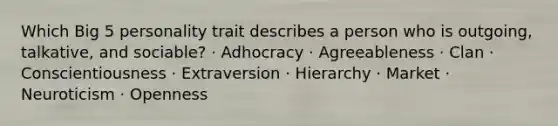 Which Big 5 personality trait describes a person who is outgoing, talkative, and sociable? · Adhocracy · Agreeableness · Clan · Conscientiousness · Extraversion · Hierarchy · Market · Neuroticism · Openness