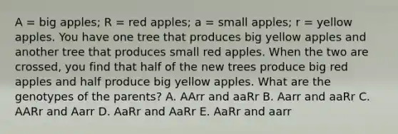 A = big apples; R = red apples; a = small apples; r = yellow apples. You have one tree that produces big yellow apples and another tree that produces small red apples. When the two are crossed, you find that half of the new trees produce big red apples and half produce big yellow apples. What are the genotypes of the parents? A. AArr and aaRr B. Aarr and aaRr C. AARr and Aarr D. AaRr and AaRr E. AaRr and aarr