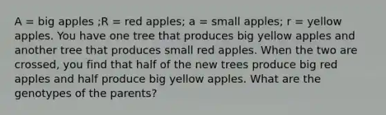 A = big apples ;R = red apples; a = small apples; r = yellow apples. You have one tree that produces big yellow apples and another tree that produces small red apples. When the two are crossed, you find that half of the new trees produce big red apples and half produce big yellow apples. What are the genotypes of the parents?