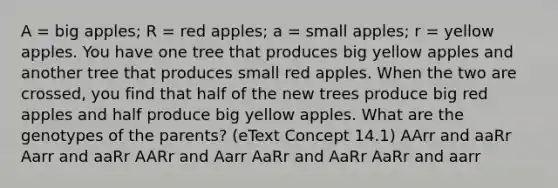 A = big apples; R = red apples; a = small apples; r = yellow apples. You have one tree that produces big yellow apples and another tree that produces small red apples. When the two are crossed, you find that half of the new trees produce big red apples and half produce big yellow apples. What are the genotypes of the parents? (eText Concept 14.1) AArr and aaRr Aarr and aaRr AARr and Aarr AaRr and AaRr AaRr and aarr