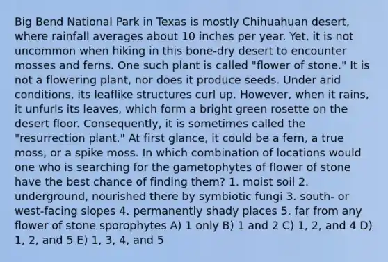 Big Bend National Park in Texas is mostly Chihuahuan desert, where rainfall averages about 10 inches per year. Yet, it is not uncommon when hiking in this bone-dry desert to encounter mosses and ferns. One such plant is called "flower of stone." It is not a flowering plant, nor does it produce seeds. Under arid conditions, its leaflike structures curl up. However, when it rains, it unfurls its leaves, which form a bright green rosette on the desert floor. Consequently, it is sometimes called the "resurrection plant." At first glance, it could be a fern, a true moss, or a spike moss. In which combination of locations would one who is searching for the gametophytes of flower of stone have the best chance of finding them? 1. moist soil 2. underground, nourished there by symbiotic fungi 3. south- or west-facing slopes 4. permanently shady places 5. far from any flower of stone sporophytes A) 1 only B) 1 and 2 C) 1, 2, and 4 D) 1, 2, and 5 E) 1, 3, 4, and 5