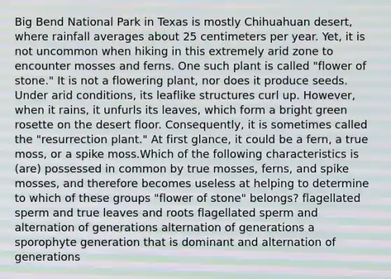 Big Bend National Park in Texas is mostly Chihuahuan desert, where rainfall averages about 25 centimeters per year. Yet, it is not uncommon when hiking in this extremely arid zone to encounter mosses and ferns. One such plant is called "flower of stone." It is not a flowering plant, nor does it produce seeds. Under arid conditions, its leaflike structures curl up. However, when it rains, it unfurls its leaves, which form a bright green rosette on the desert floor. Consequently, it is sometimes called the "resurrection plant." At first glance, it could be a fern, a true moss, or a spike moss.Which of the following characteristics is (are) possessed in common by true mosses, ferns, and spike mosses, and therefore becomes useless at helping to determine to which of these groups "flower of stone" belongs? flagellated sperm and true leaves and roots flagellated sperm and alternation of generations alternation of generations a sporophyte generation that is dominant and alternation of generations