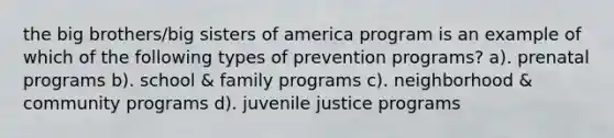 the big brothers/big sisters of america program is an example of which of the following types of prevention programs? a). prenatal programs b). school & family programs c). neighborhood & community programs d). juvenile justice programs