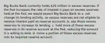 Big Bucks Bank currently holds 20 million in excess reserves. If the Fed increases the rate of interest it pays on excess reserves held at the Fed, we would expect Big Bucks Bank to a. not change its lending activity, as excess reserves are not eligible to receive interest paid on reserve accounts. b. use those excess reserves to increase its lending. c. hold more of those excess reserves in its reserve account at the Fed, reducing the amount it is willing to lend. d. move a portion of those excess reserves into its required reserve account.
