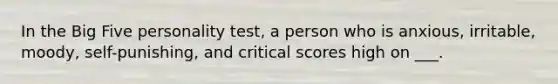 In the Big Five personality test, a person who is anxious, irritable, moody, self-punishing, and critical scores high on ___.