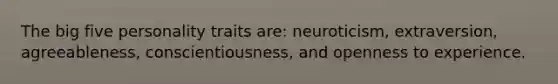 The big five personality traits are: neuroticism, extraversion, agreeableness, conscientiousness, and openness to experience.