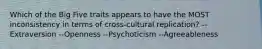 Which of the Big Five traits appears to have the MOST inconsistency in terms of cross-cultural replication? --Extraversion --Openness --Psychoticism --Agreeableness