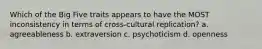 Which of the Big Five traits appears to have the MOST inconsistency in terms of cross-cultural replication? a. agreeableness b. extraversion c. psychoticism d. openness