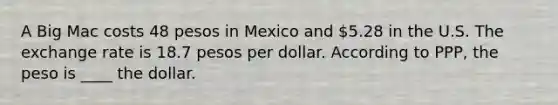 A Big Mac costs 48 pesos in Mexico and 5.28 in the U.S. The exchange rate is 18.7 pesos per dollar. According to PPP, the peso is ____ the dollar.