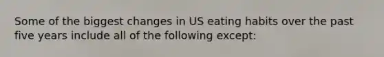 Some of the biggest changes in US eating habits over the past five years include all of the following except: