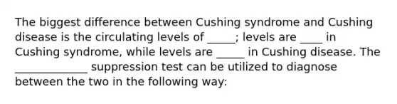 The biggest difference between Cushing syndrome and Cushing disease is the circulating levels of _____; levels are ____ in Cushing syndrome, while levels are _____ in Cushing disease. The _____________ suppression test can be utilized to diagnose between the two in the following way: