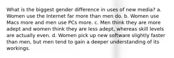 What is the biggest gender difference in uses of new media? a. Women use the Internet far more than men do. b. Women use Macs more and men use PCs more. c. Men think they are more adept and women think they are less adept, whereas skill levels are actually even. d. Women pick up new software slightly faster than men, but men tend to gain a deeper understanding of its workings.