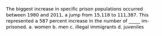 The biggest increase in specific prison populations occurred between 1980 and 2011, a jump from 15,118 to 111,387. This represented a 587 percent increase in the number of _____ im-prisoned. a. women b. men c. illegal immigrants d. juveniles