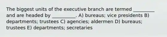 The biggest units of the executive branch are termed _________ and are headed by __________. A) bureaus; vice presidents B) departments; trustees C) agencies; aldermen D) bureaus; trustees E) departments; secretaries