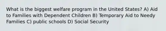 What is the biggest welfare program in the United States? A) Aid to Families with Dependent Children B) Temporary Aid to Needy Families C) public schools D) Social Security