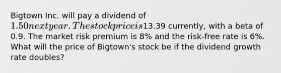 Bigtown Inc. will pay a dividend of 1.50 next year. The stock price is13.39 currently, with a beta of 0.9. The market risk premium is 8% and the risk-free rate is 6%. What will the price of Bigtown's stock be if the dividend growth rate doubles?