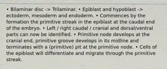 • Bilaminar disc -> Trilaminar. • Epiblast and hypoblast -> ectoderm, mesoderm and endoderm. • Commences by the formation the primitive streak in the epiblast at the caudal end of the embryo. • Left / right caudal / cranial and dorsal/ventral parts can now be identified. • Primitive node develops at the cranial end, primitive groove develops in its midline and terminates with a (primitive) pit at the primitive node. • Cells of the epiblast will differentiate and migrate through the primitive streak.