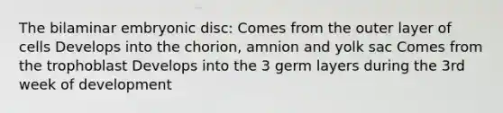 The bilaminar embryonic disc: Comes from the outer layer of cells Develops into the chorion, amnion and yolk sac Comes from the trophoblast Develops into the 3 germ layers during the 3rd week of development